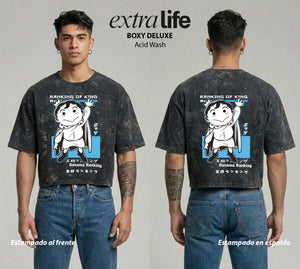 Playera streetwear premium de anime y gaming ExtraLife MX, corte boxy deluxe mineral wash heavyweight en color Acid Wash, moda urbana mexicana de culto.