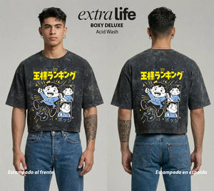 Playera streetwear premium de anime y gaming ExtraLife MX, corte boxy deluxe mineral wash heavyweight en color Acid Wash, moda urbana mexicana de culto.