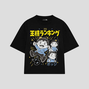 Playera streetwear premium de anime y gaming ExtraLife MX, corte boxy oversized drop shoulder heavyweight en color Deep Black y Off-White, moda urbana mexicana de culto.