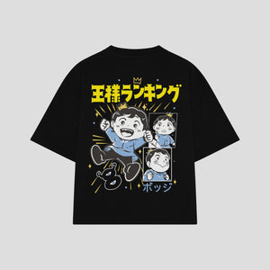 Playera streetwear premium de anime y gaming ExtraLife MX, corte boxy oversized drop shoulder heavyweight en color Deep Black y Off-White, moda urbana mexicana de culto.