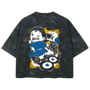 Playera streetwear premium de anime y gaming ExtraLife MX, corte boxy deluxe mineral wash heavyweight en color Acid Wash, moda urbana mexicana de culto.