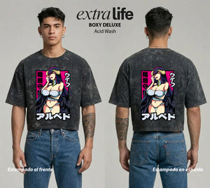 Playera streetwear premium de anime y gaming ExtraLife MX, corte boxy deluxe mineral wash heavyweight en color Acid Wash, moda urbana mexicana de culto.