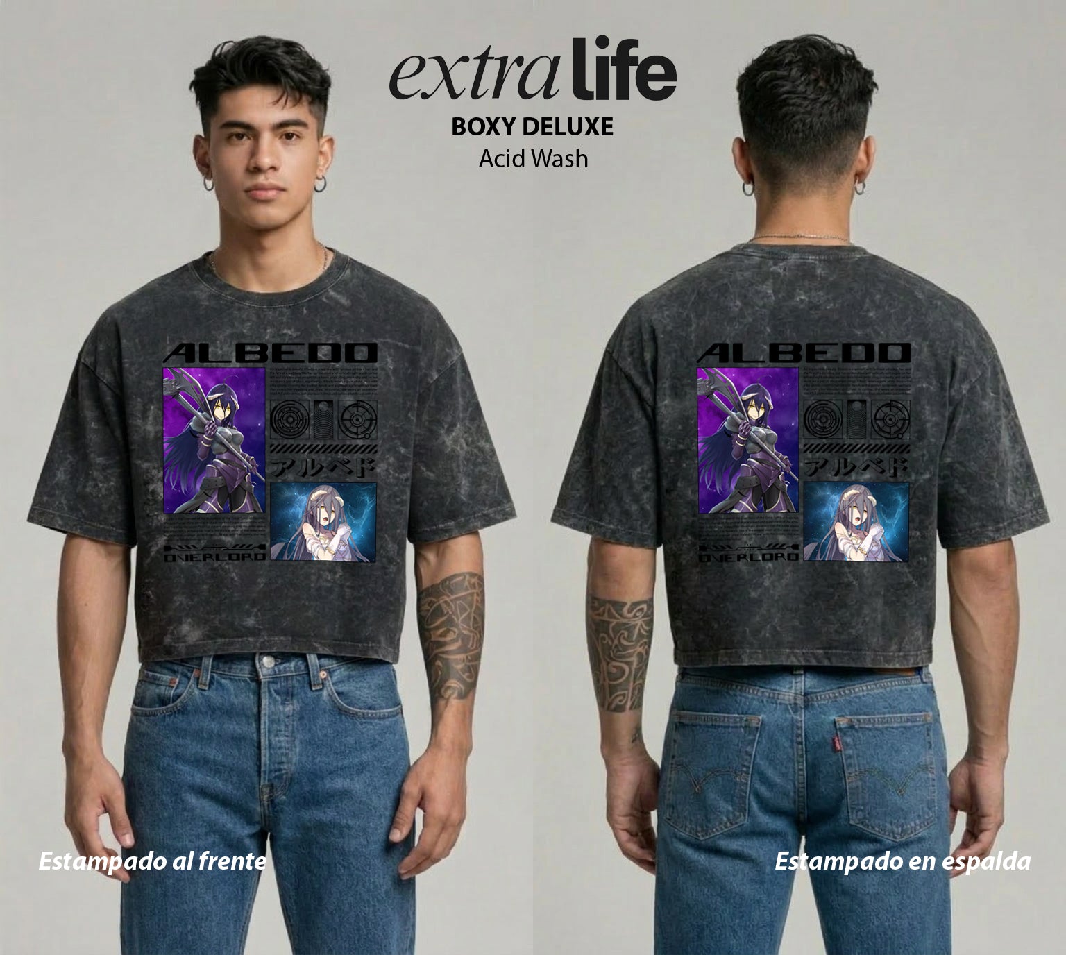 Playera streetwear premium de anime y gaming ExtraLife MX, corte boxy deluxe mineral wash heavyweight en color Acid Wash, moda urbana mexicana de culto.