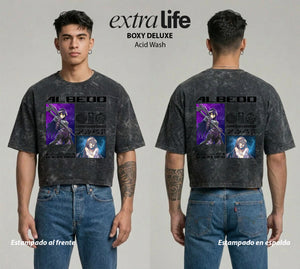 Playera streetwear premium de anime y gaming ExtraLife MX, corte boxy deluxe mineral wash heavyweight en color Acid Wash, moda urbana mexicana de culto.