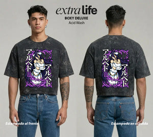 Playera streetwear premium de anime y gaming ExtraLife MX, corte boxy deluxe mineral wash heavyweight en color Acid Wash, moda urbana mexicana de culto.