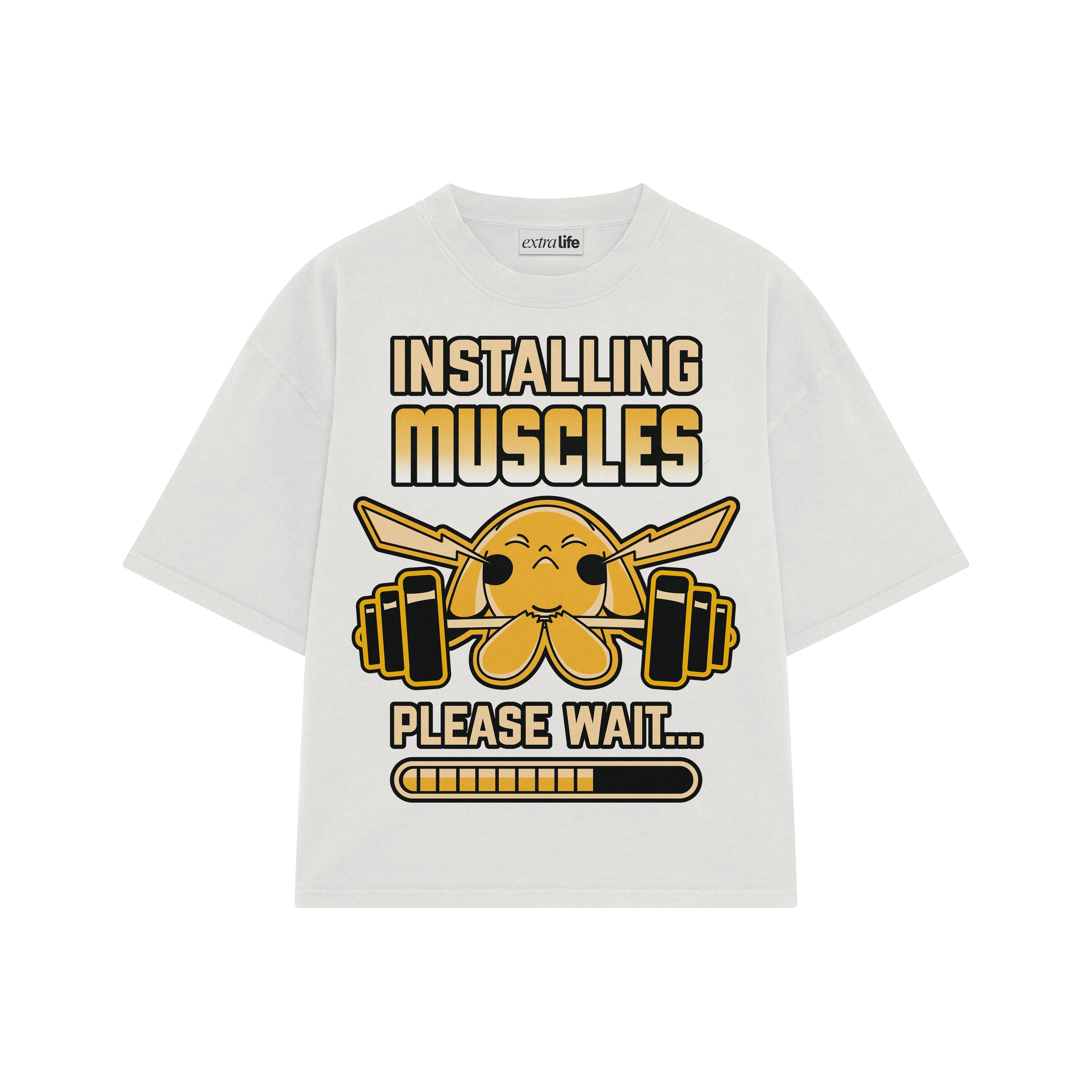 Playera streetwear premium de anime y gaming ExtraLife MX, corte boxy oversized drop shoulder heavyweight en color Deep Black y Off-White, moda urbana mexicana de culto.