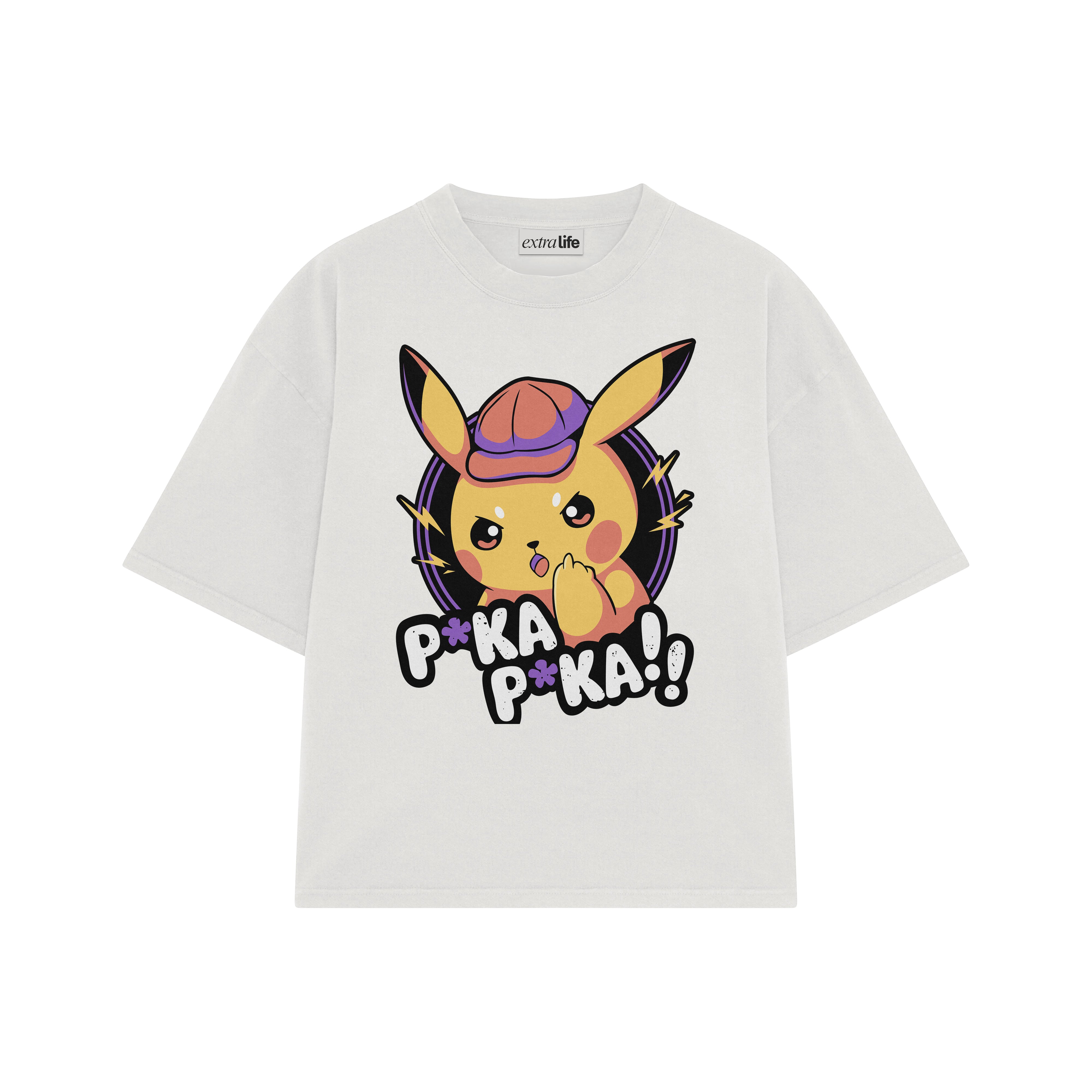 Playera streetwear premium de anime y gaming ExtraLife MX, corte boxy oversized drop shoulder heavyweight en color Deep Black y Off-White, moda urbana mexicana de culto.