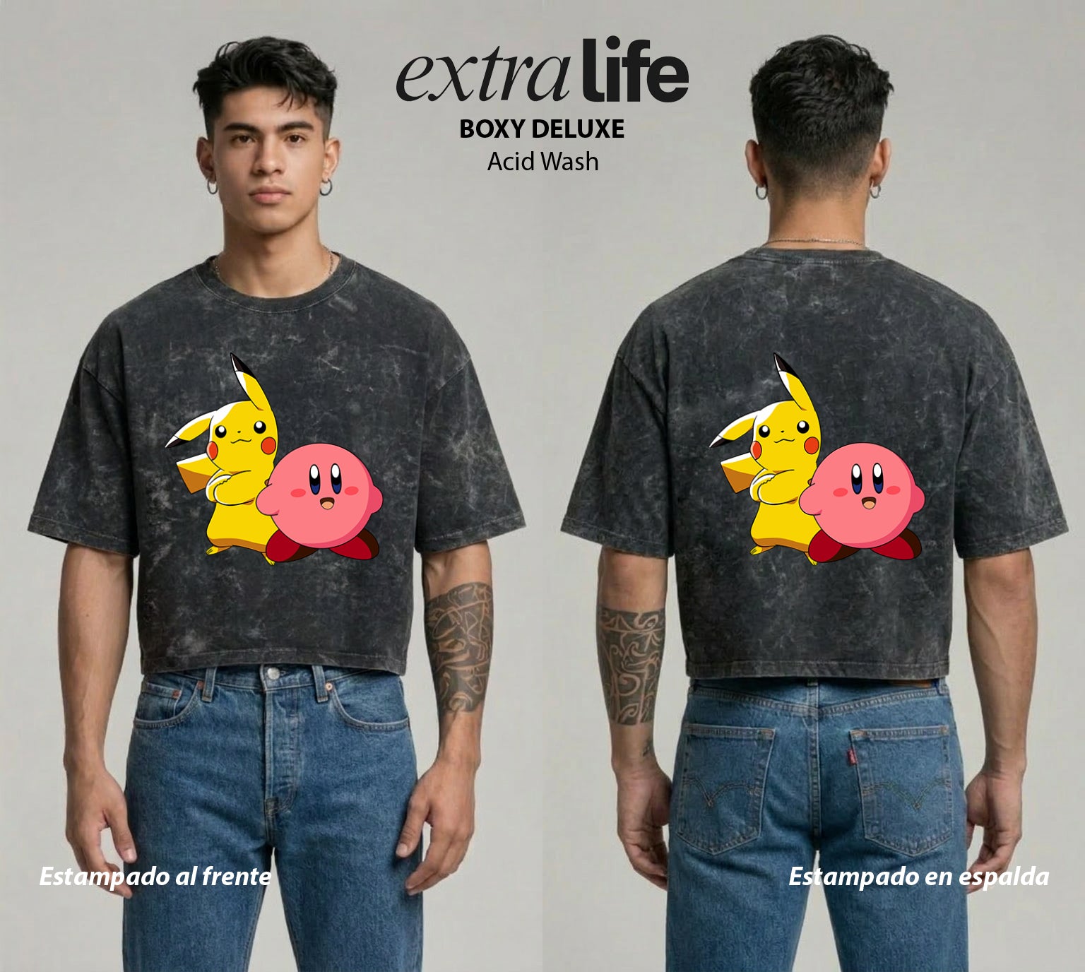 Playera streetwear premium de anime y gaming ExtraLife MX, corte boxy deluxe mineral wash heavyweight en color Acid Wash, moda urbana mexicana de culto.