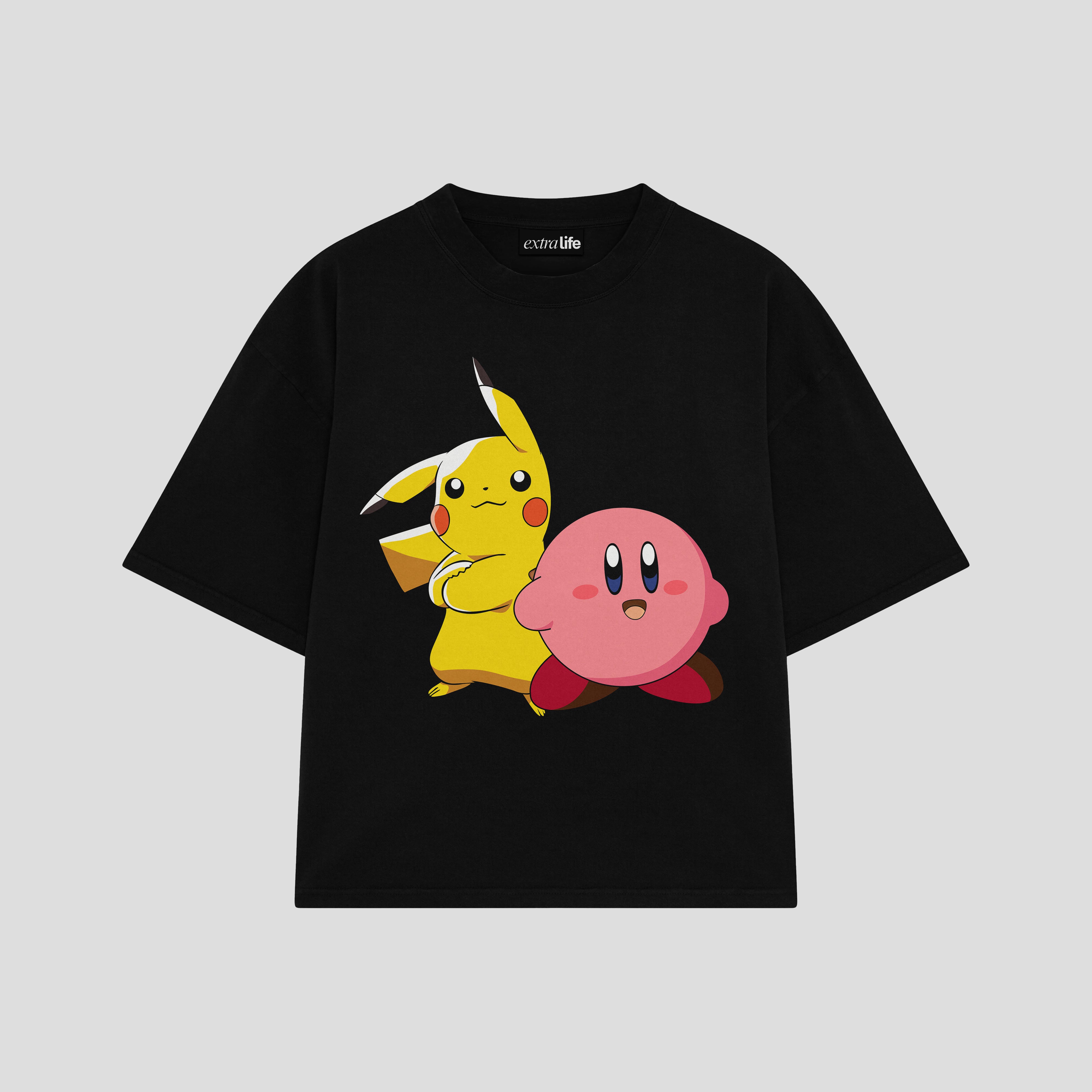 Playera streetwear premium de anime y gaming ExtraLife MX, corte boxy oversized drop shoulder heavyweight en color Deep Black y Off-White, moda urbana mexicana de culto.