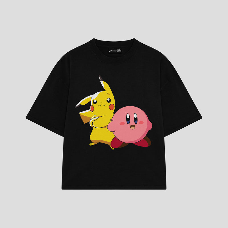 Playera streetwear premium de anime y gaming ExtraLife MX, corte boxy oversized drop shoulder heavyweight en color Deep Black y Off-White, moda urbana mexicana de culto.