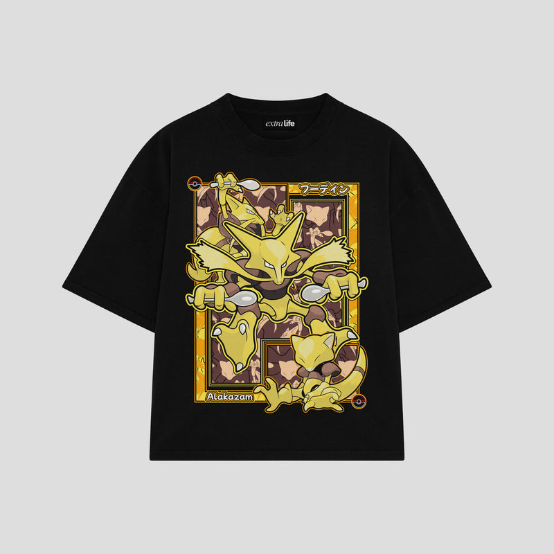 Playera streetwear premium de anime y gaming ExtraLife MX, corte boxy oversized drop shoulder heavyweight en color Deep Black y Off-White, moda urbana mexicana de culto.