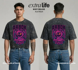 Playera streetwear premium de anime y gaming ExtraLife MX, corte boxy deluxe mineral wash heavyweight en color Acid Wash, moda urbana mexicana de culto.