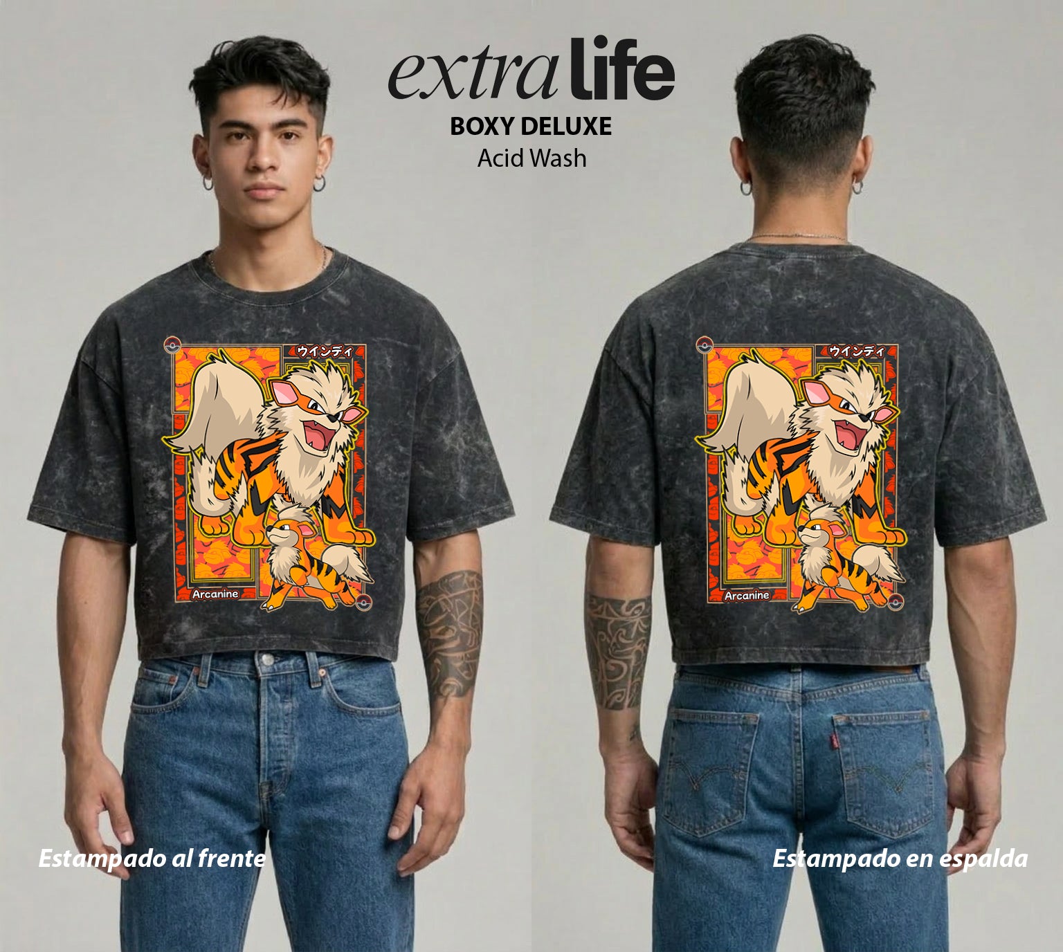 Playera streetwear premium de anime y gaming ExtraLife MX, corte boxy deluxe mineral wash heavyweight en color Acid Wash, moda urbana mexicana de culto.