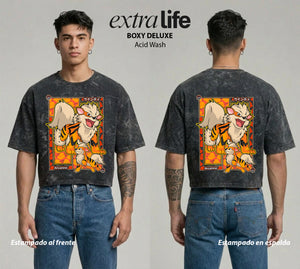 Playera streetwear premium de anime y gaming ExtraLife MX, corte boxy deluxe mineral wash heavyweight en color Acid Wash, moda urbana mexicana de culto.