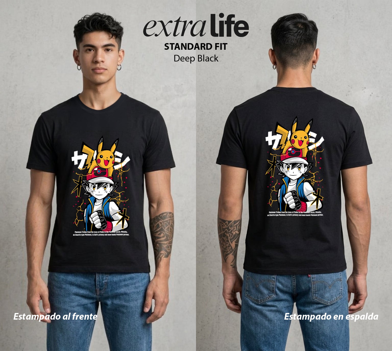 El Mundo Entrenador | Pika y Trueno #03458 - Playera Standard Fit | Deep Black - Foto en modelo