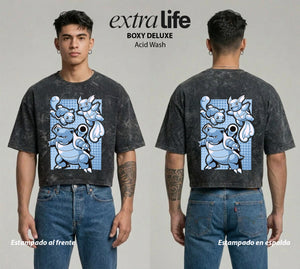 Playera streetwear premium de anime y gaming ExtraLife MX, corte boxy deluxe mineral wash heavyweight en color Acid Wash, moda urbana mexicana de culto.