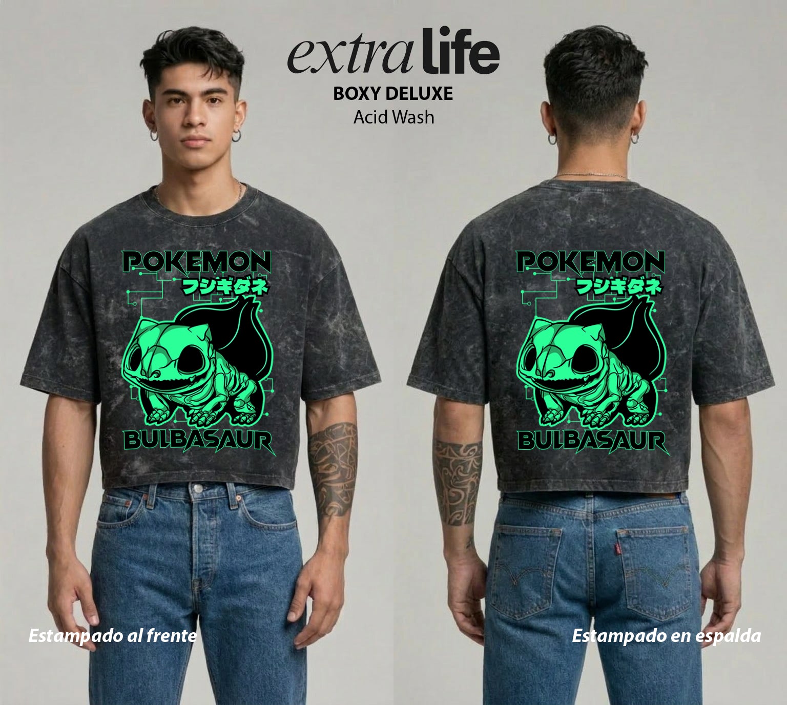 Playera streetwear premium de anime y gaming ExtraLife MX, corte boxy deluxe mineral wash heavyweight en color Acid Wash, moda urbana mexicana de culto.