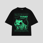 Playera streetwear premium de anime y gaming ExtraLife MX, corte boxy oversized drop shoulder heavyweight en color Deep Black y Off-White, moda urbana mexicana de culto.