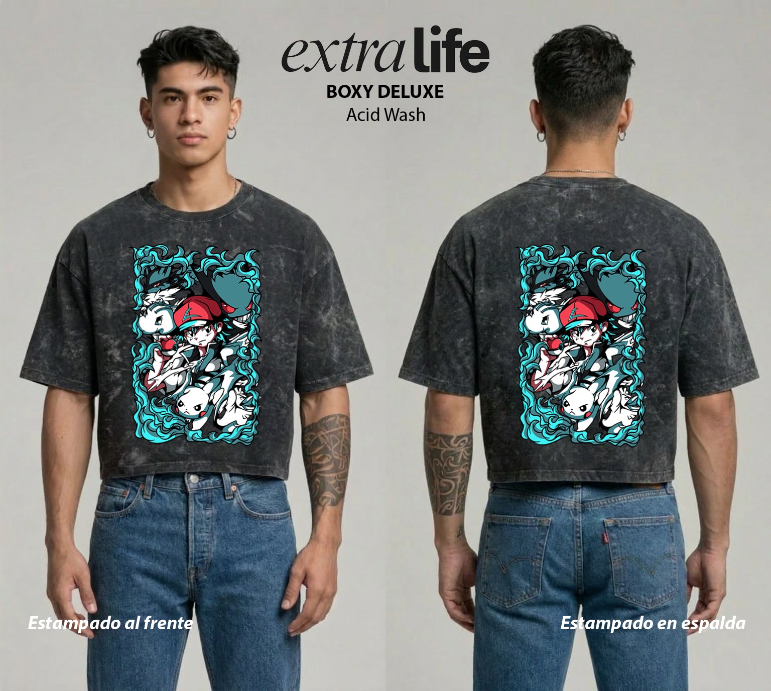 Playera streetwear premium de anime y gaming ExtraLife MX, corte boxy deluxe mineral wash heavyweight en color Acid Wash, moda urbana mexicana de culto.