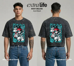 Playera streetwear premium de anime y gaming ExtraLife MX, corte boxy deluxe mineral wash heavyweight en color Acid Wash, moda urbana mexicana de culto.