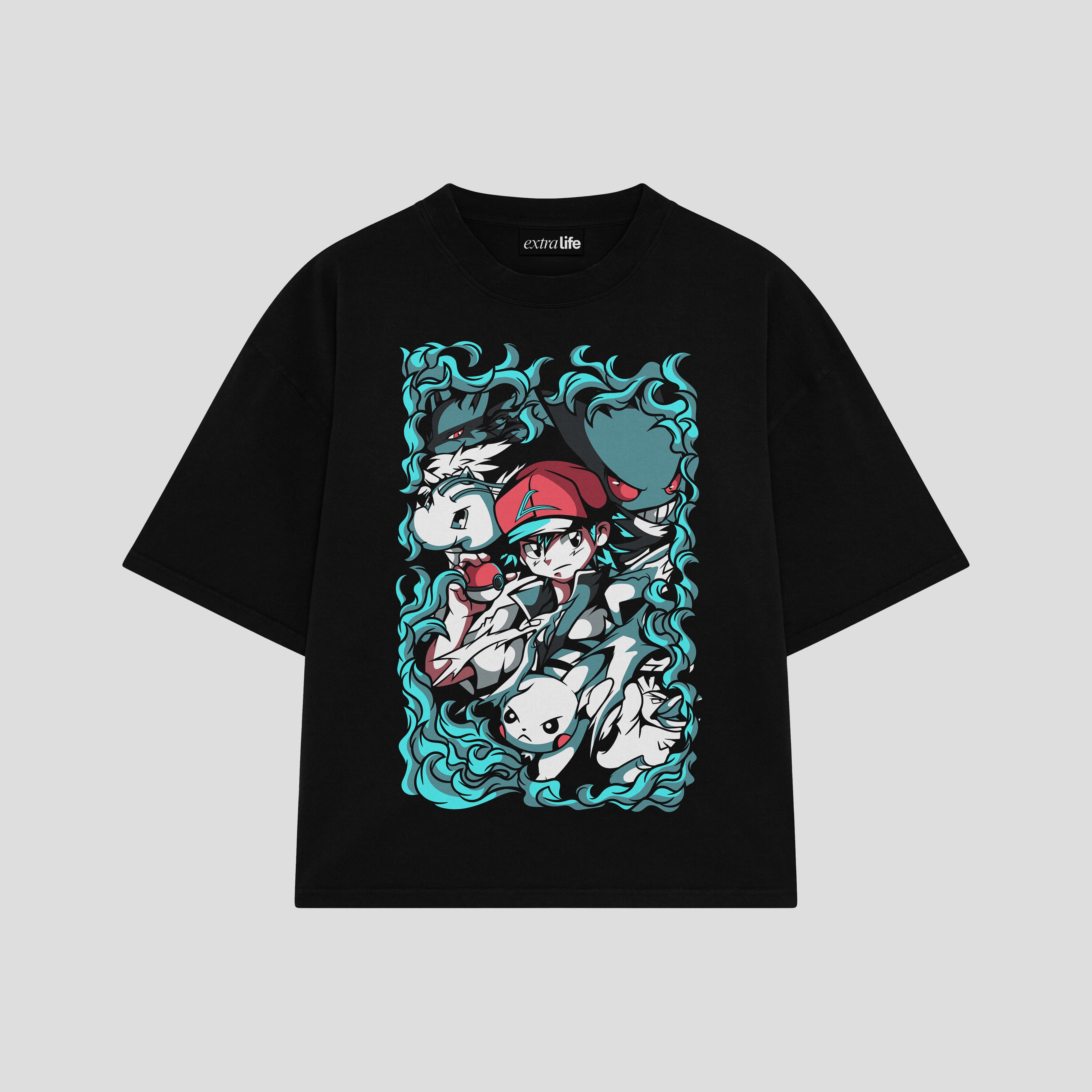 Playera streetwear premium de anime y gaming ExtraLife MX, corte boxy oversized drop shoulder heavyweight en color Deep Black y Off-White, moda urbana mexicana de culto.