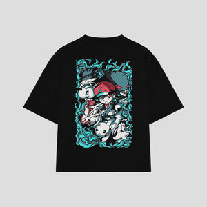 Playera streetwear premium de anime y gaming ExtraLife MX, corte boxy oversized drop shoulder heavyweight en color Deep Black y Off-White, moda urbana mexicana de culto.