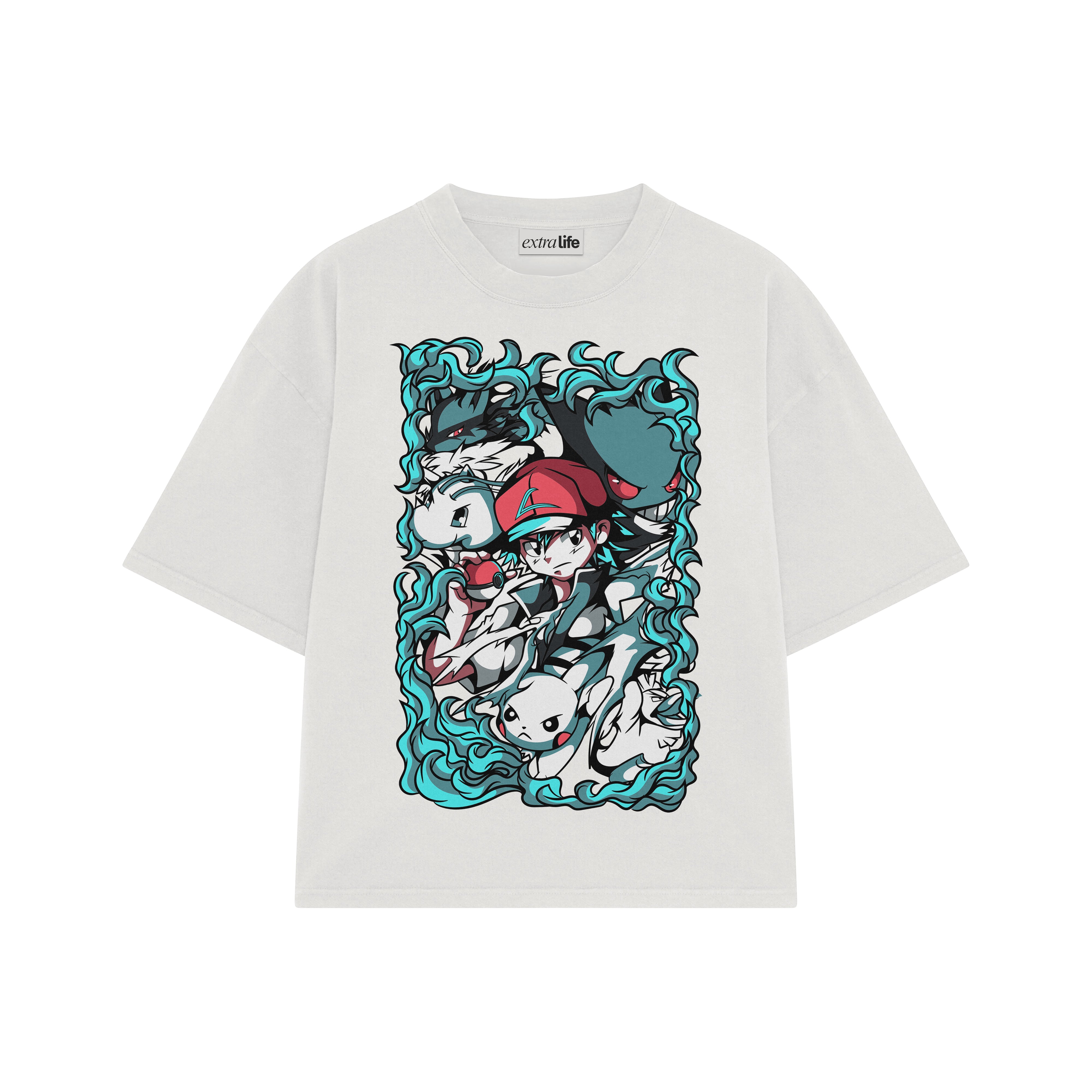 Playera streetwear premium de anime y gaming ExtraLife MX, corte boxy oversized drop shoulder heavyweight en color Deep Black y Off-White, moda urbana mexicana de culto.