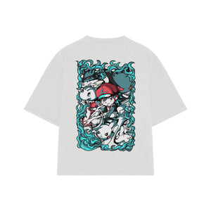 Playera streetwear premium de anime y gaming ExtraLife MX, corte boxy oversized drop shoulder heavyweight en color Deep Black y Off-White, moda urbana mexicana de culto.