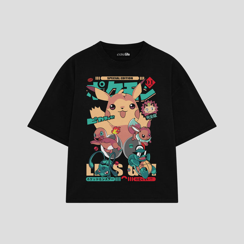 Playera streetwear premium de anime y gaming ExtraLife MX, corte boxy oversized drop shoulder heavyweight en color Deep Black y Off-White, moda urbana mexicana de culto.