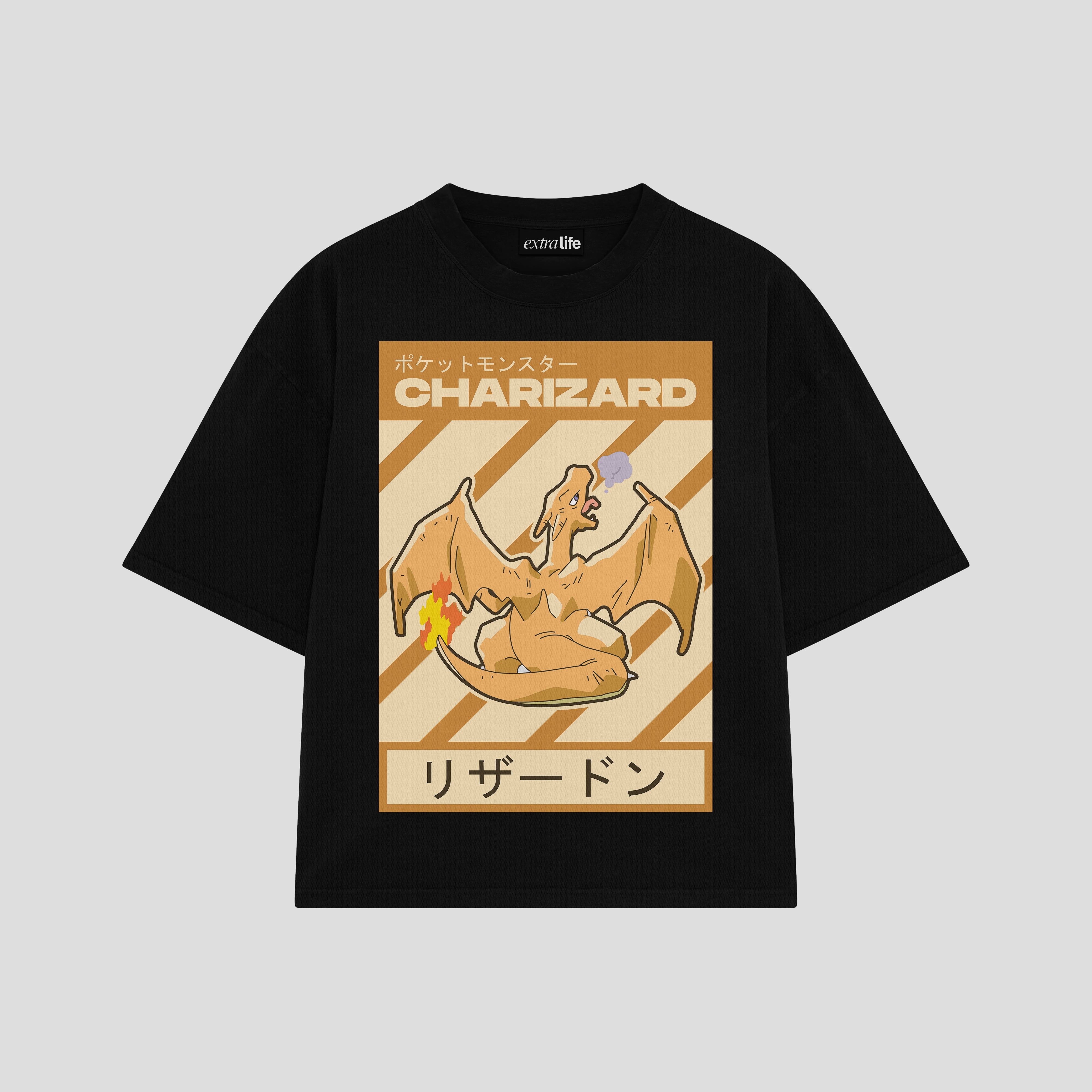 Playera streetwear premium de anime y gaming ExtraLife MX, corte boxy oversized drop shoulder heavyweight en color Deep Black y Off-White, moda urbana mexicana de culto.