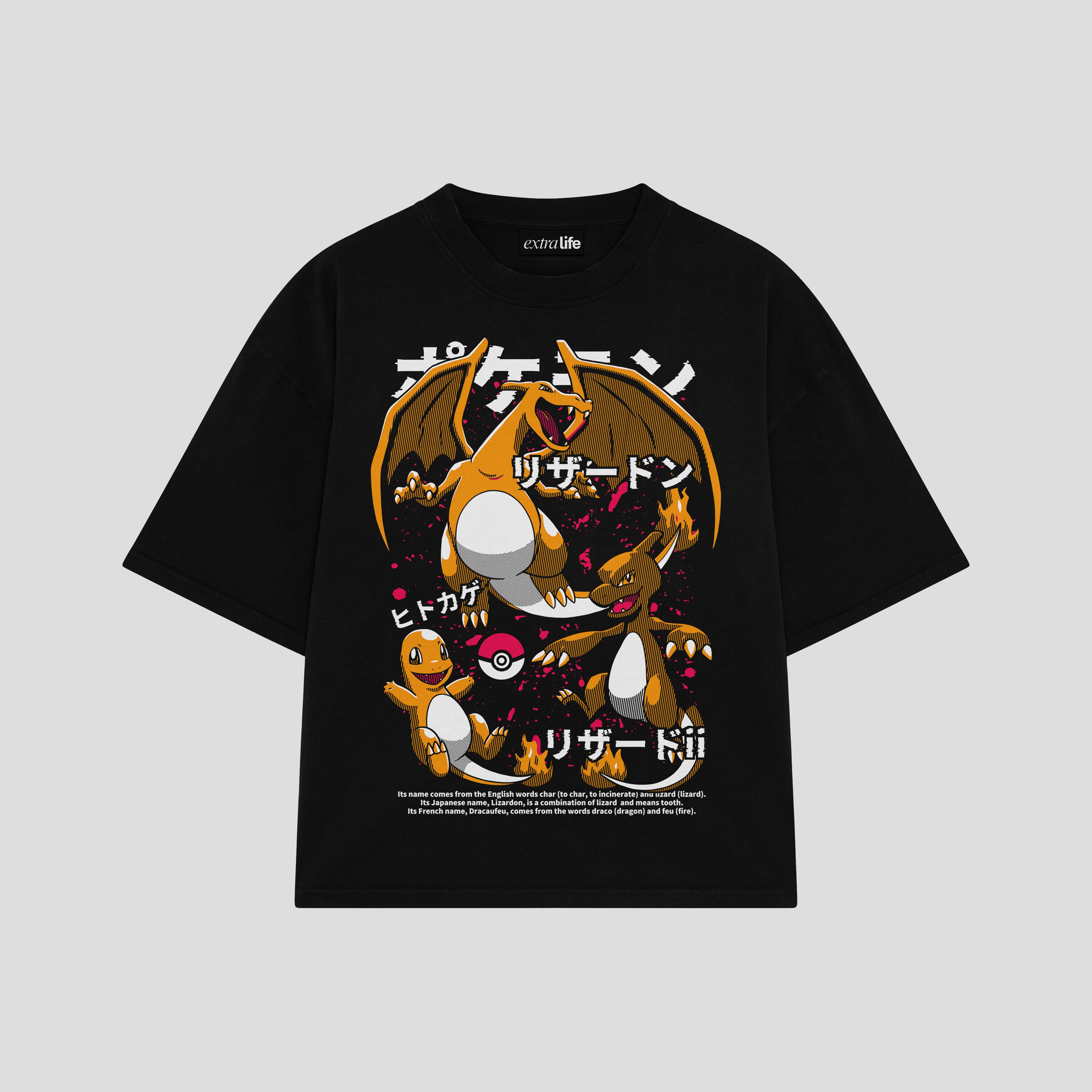 Playera streetwear premium de anime y gaming ExtraLife MX, corte boxy oversized drop shoulder heavyweight en color Deep Black y Off-White, moda urbana mexicana de culto.