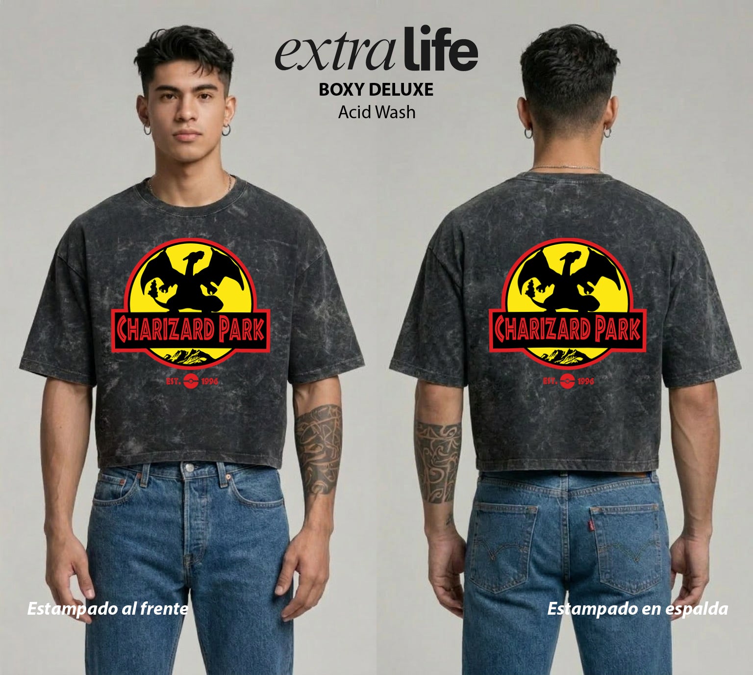 Playera streetwear premium de anime y gaming ExtraLife MX, corte boxy deluxe mineral wash heavyweight en color Acid Wash, moda urbana mexicana de culto.