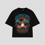Playera streetwear premium de anime y gaming ExtraLife MX, corte boxy oversized drop shoulder heavyweight en color Deep Black y Off-White, moda urbana mexicana de culto.