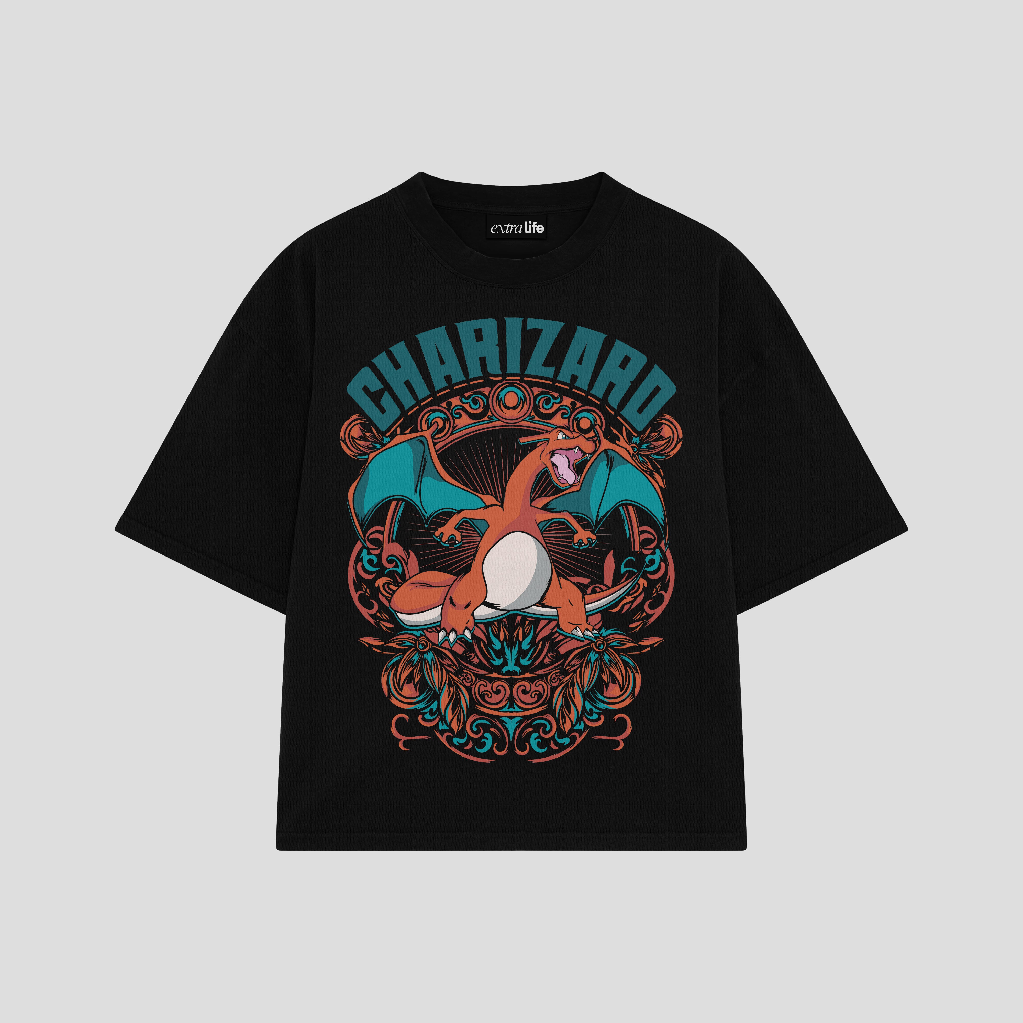Playera streetwear premium de anime y gaming ExtraLife MX, corte boxy oversized drop shoulder heavyweight en color Deep Black y Off-White, moda urbana mexicana de culto.