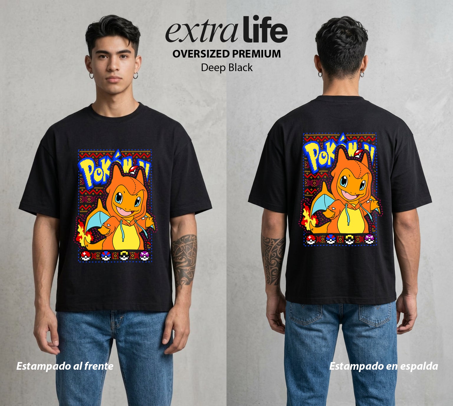 El Mundo Entrenador | La Navidad del Fuego Navidad Gamer #03476 - Playera Oversized Premium | Deep Black - Foto en modelo