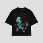 Playera streetwear premium de anime y gaming ExtraLife MX, corte boxy oversized drop shoulder heavyweight en color Deep Black y Off-White, moda urbana mexicana de culto.