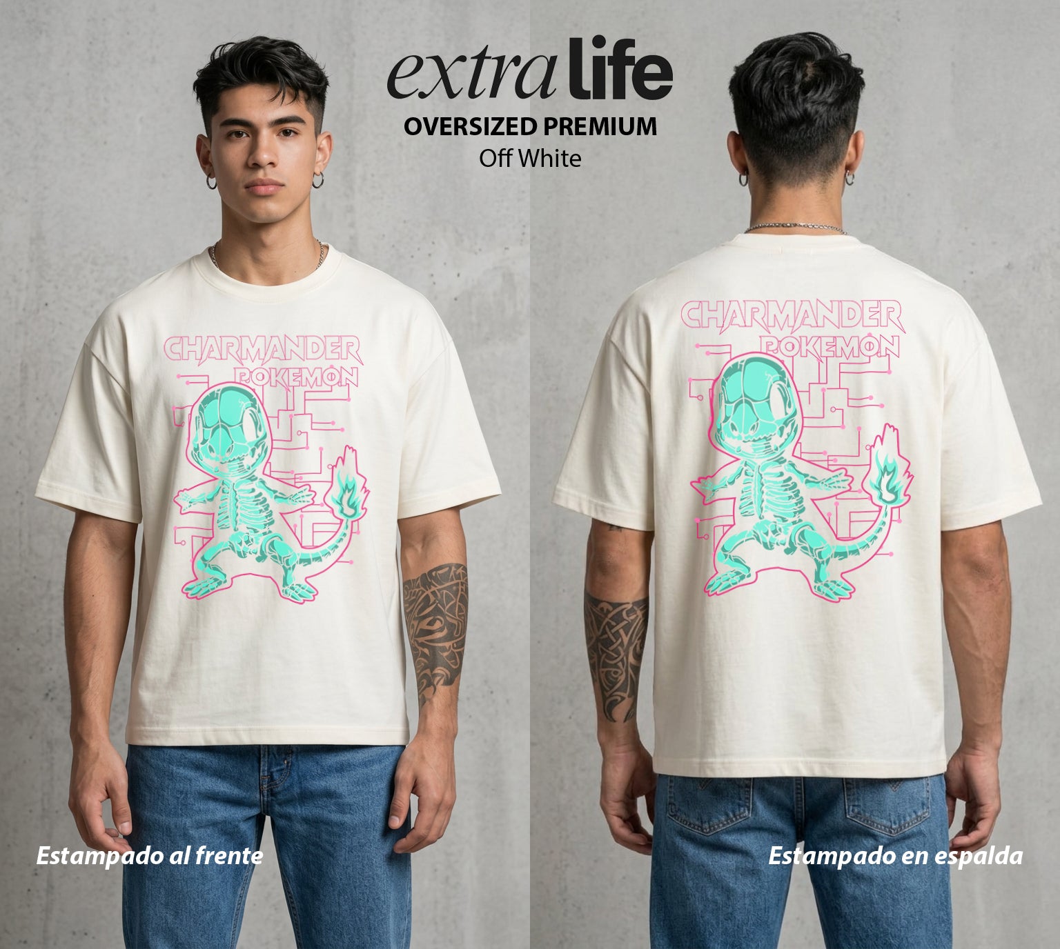 El Mundo Entrenador | Los Huesos del Fuego Rayos X #03477 - Playera Oversized Premium | Off White - Foto en modelo