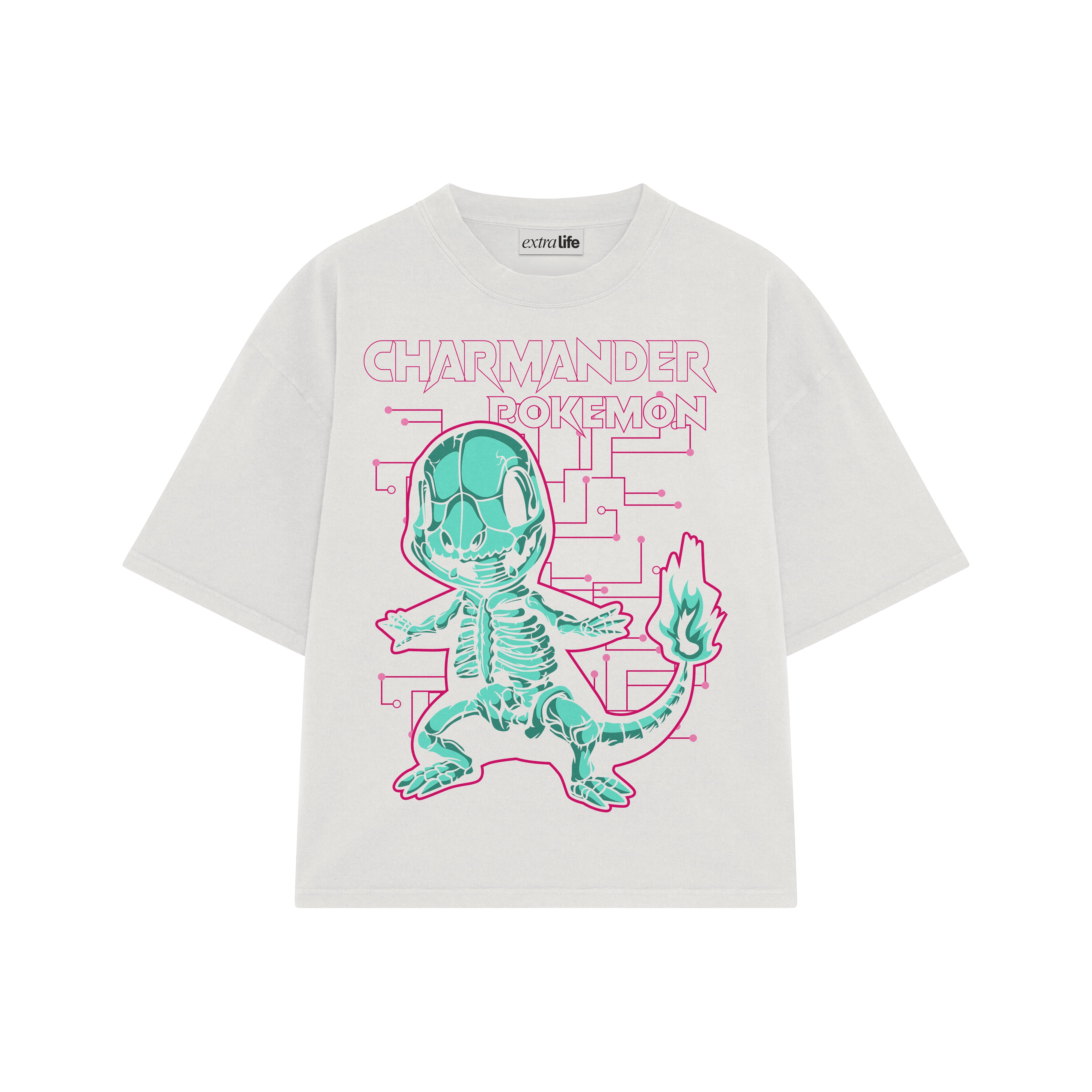 Playera streetwear premium de anime y gaming ExtraLife MX, corte boxy oversized drop shoulder heavyweight en color Deep Black y Off-White, moda urbana mexicana de culto.
