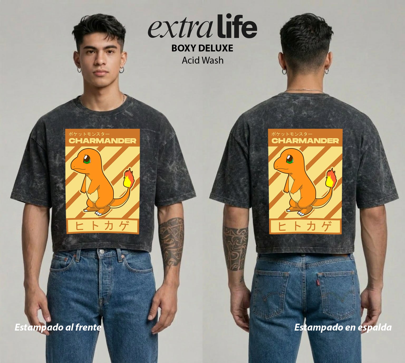 Playera streetwear premium de anime y gaming ExtraLife MX, corte boxy deluxe mineral wash heavyweight en color Acid Wash, moda urbana mexicana de culto.