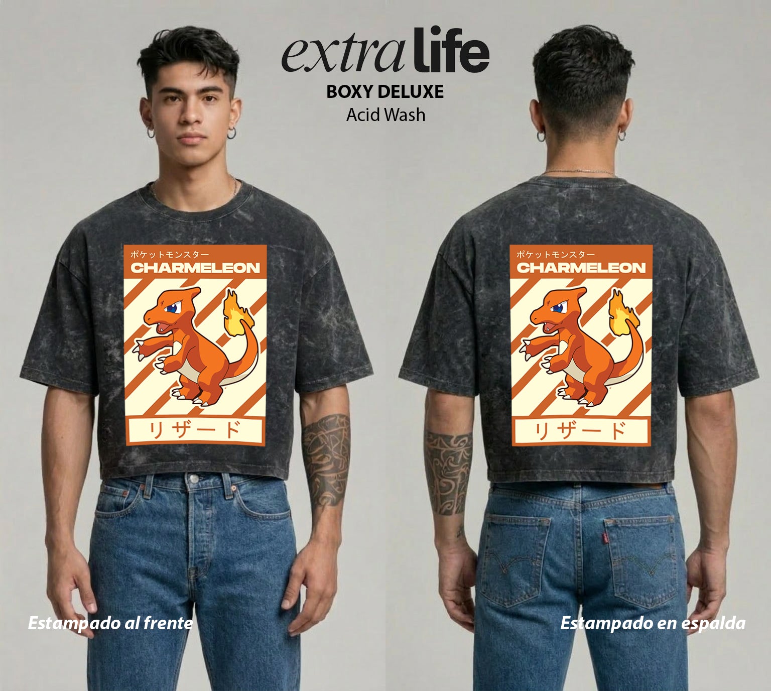 Playera streetwear premium de anime y gaming ExtraLife MX, corte boxy deluxe mineral wash heavyweight en color Acid Wash, moda urbana mexicana de culto.
