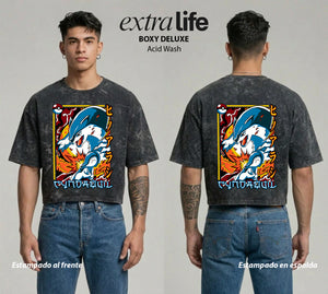 Playera streetwear premium de anime y gaming ExtraLife MX, corte boxy deluxe mineral wash heavyweight en color Acid Wash, moda urbana mexicana de culto.