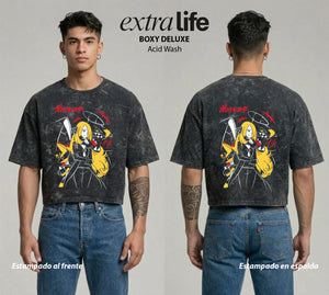 Playera streetwear premium de anime y gaming ExtraLife MX, corte boxy deluxe mineral wash heavyweight en color Acid Wash, moda urbana mexicana de culto.