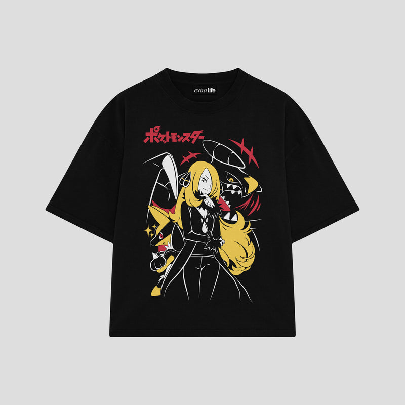 Playera streetwear premium de anime y gaming ExtraLife MX, corte boxy oversized drop shoulder heavyweight en color Deep Black y Off-White, moda urbana mexicana de culto.