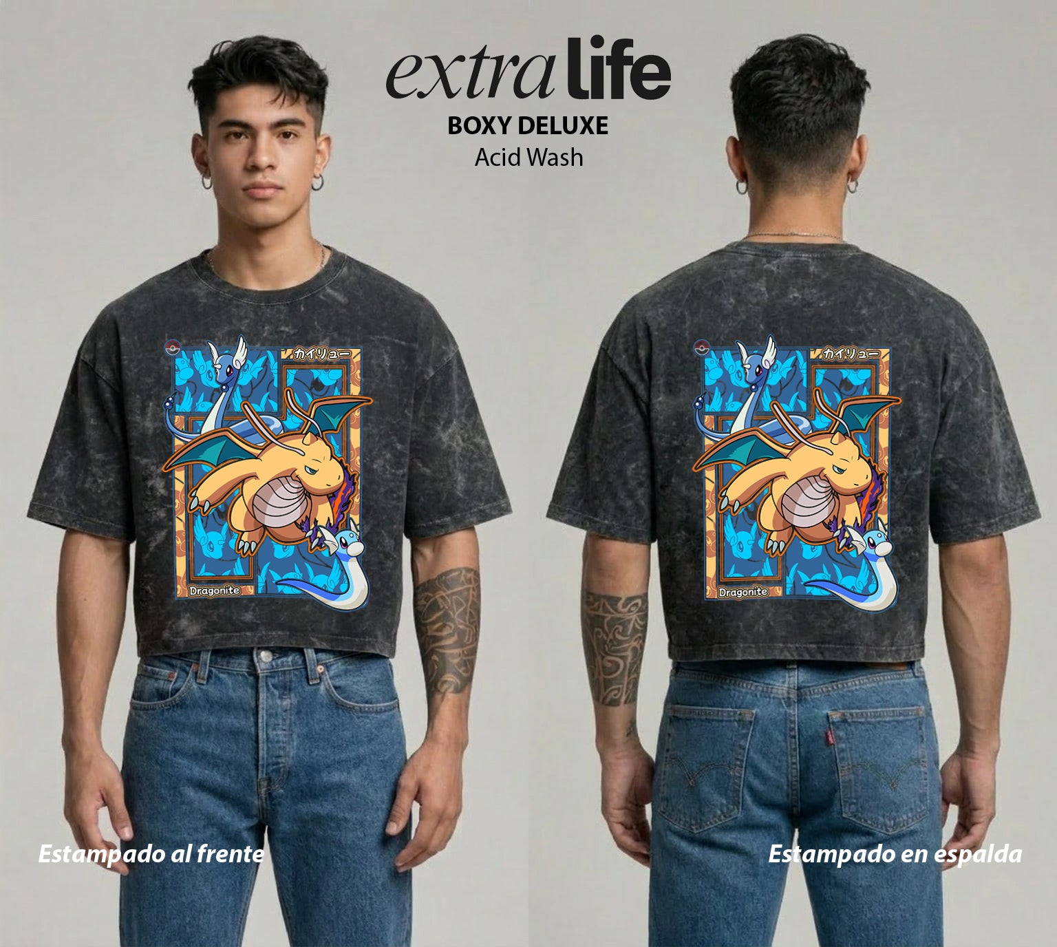 Playera streetwear premium de anime y gaming ExtraLife MX, corte boxy deluxe mineral wash heavyweight en color Acid Wash, moda urbana mexicana de culto.
