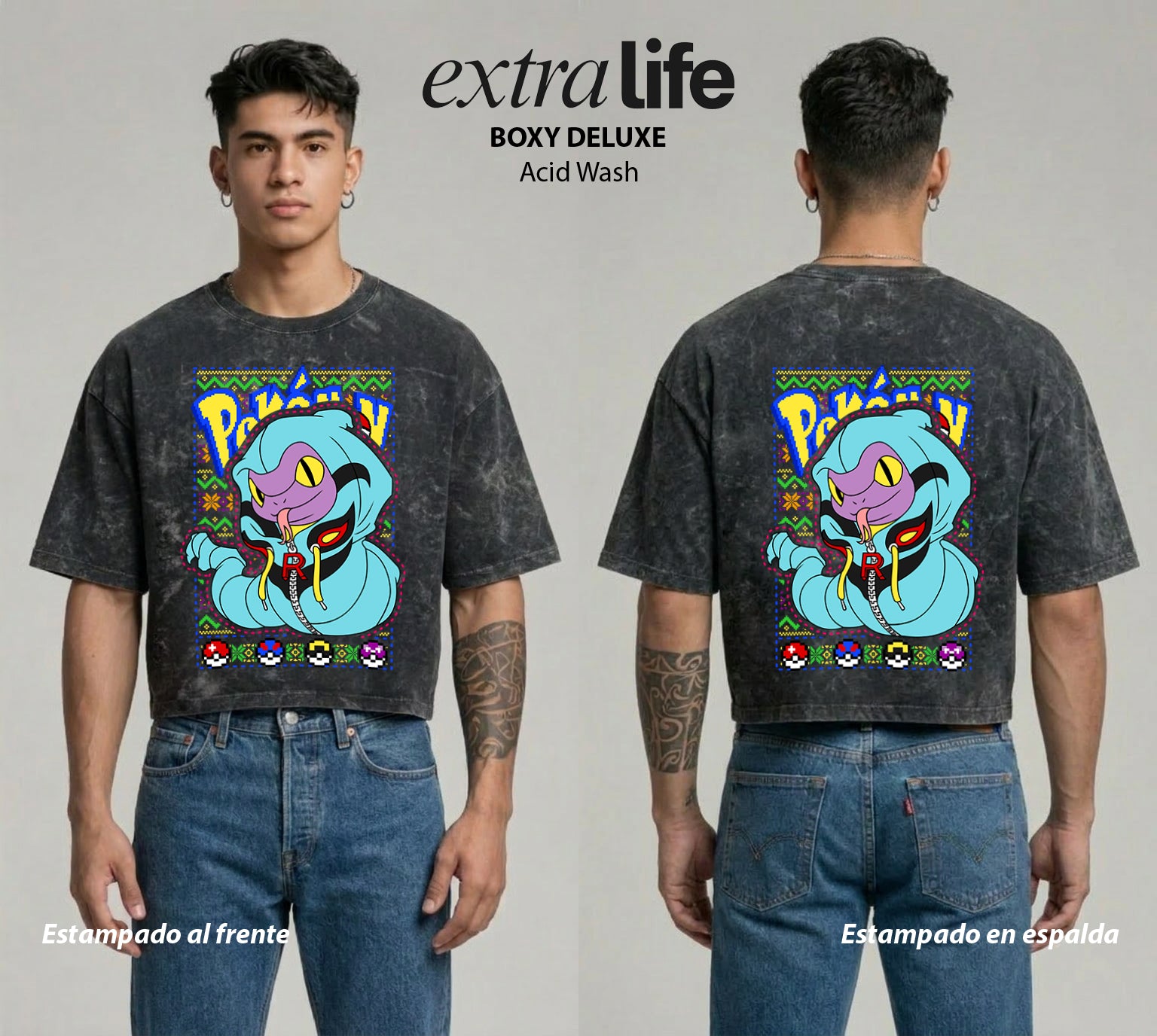 Playera streetwear premium de anime y gaming ExtraLife MX, corte boxy deluxe mineral wash heavyweight en color Acid Wash, moda urbana mexicana de culto.