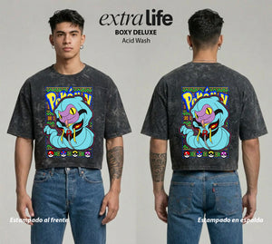 Playera streetwear premium de anime y gaming ExtraLife MX, corte boxy deluxe mineral wash heavyweight en color Acid Wash, moda urbana mexicana de culto.