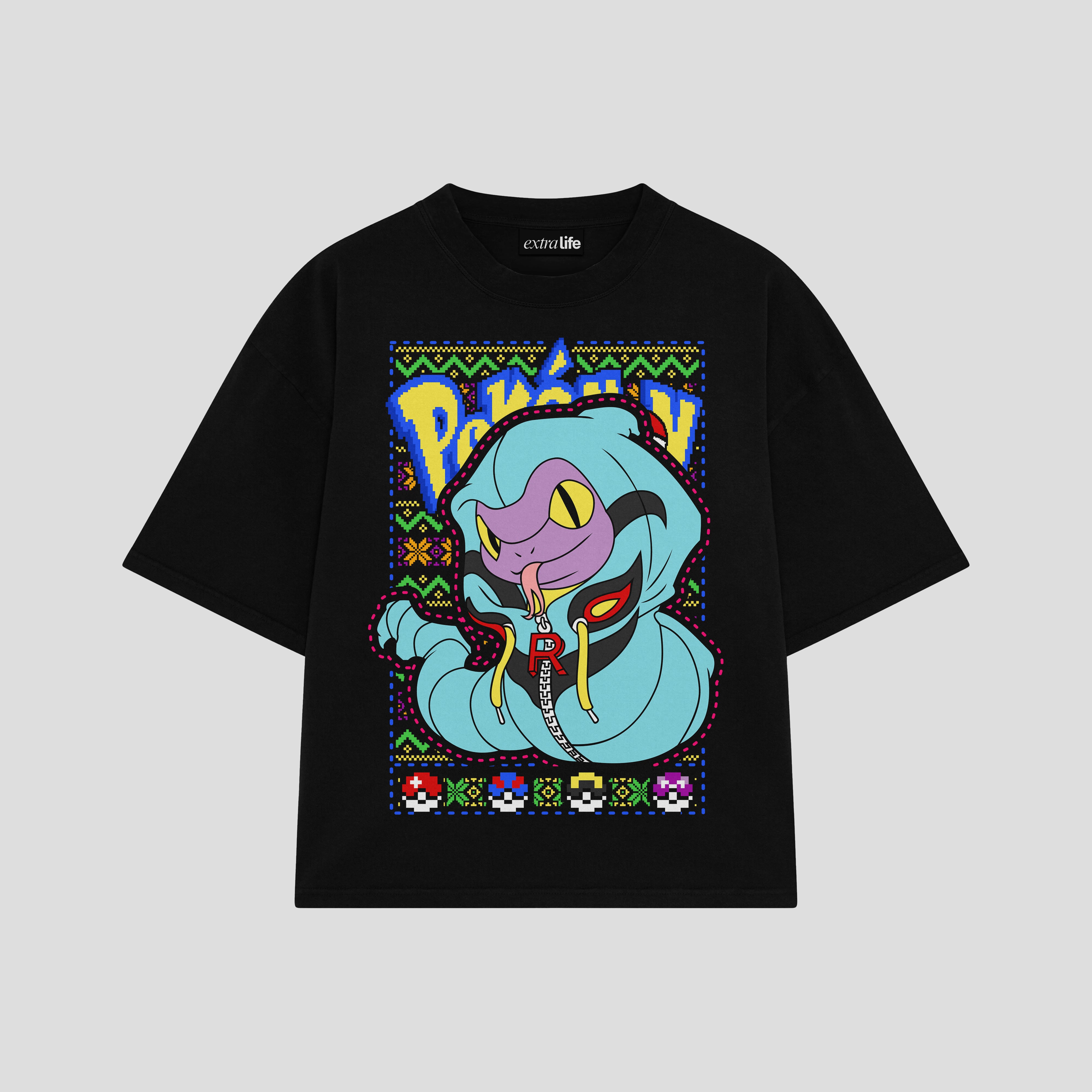 Playera streetwear premium de anime y gaming ExtraLife MX, corte boxy oversized drop shoulder heavyweight en color Deep Black y Off-White, moda urbana mexicana de culto.