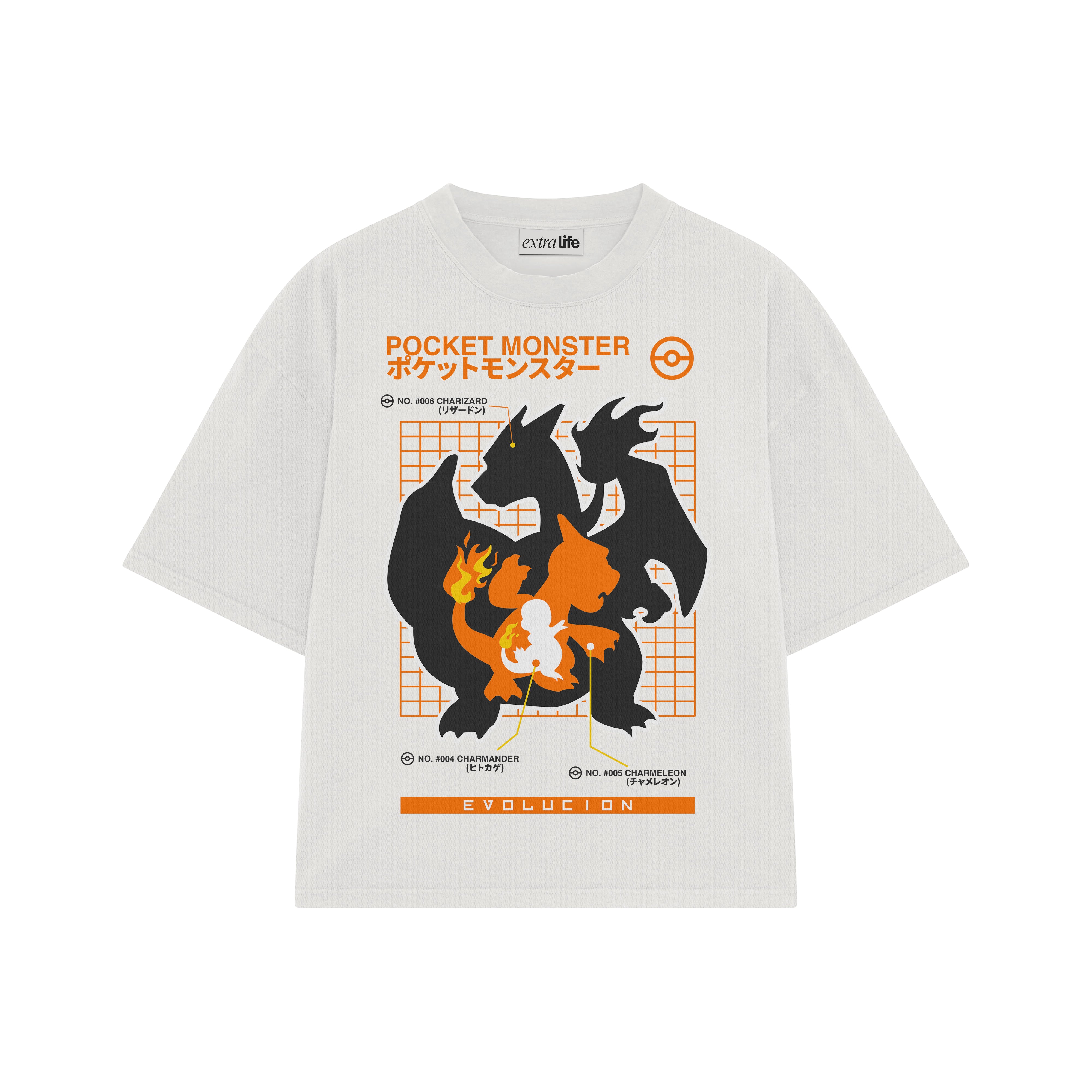 Playera streetwear premium de anime y gaming ExtraLife MX, corte boxy oversized drop shoulder heavyweight en color Deep Black y Off-White, moda urbana mexicana de culto.