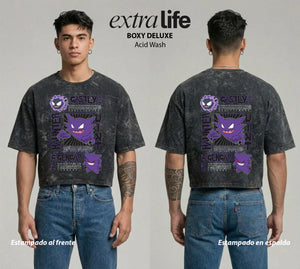 Playera streetwear premium de anime y gaming ExtraLife MX, corte boxy deluxe mineral wash heavyweight en color Acid Wash, moda urbana mexicana de culto.