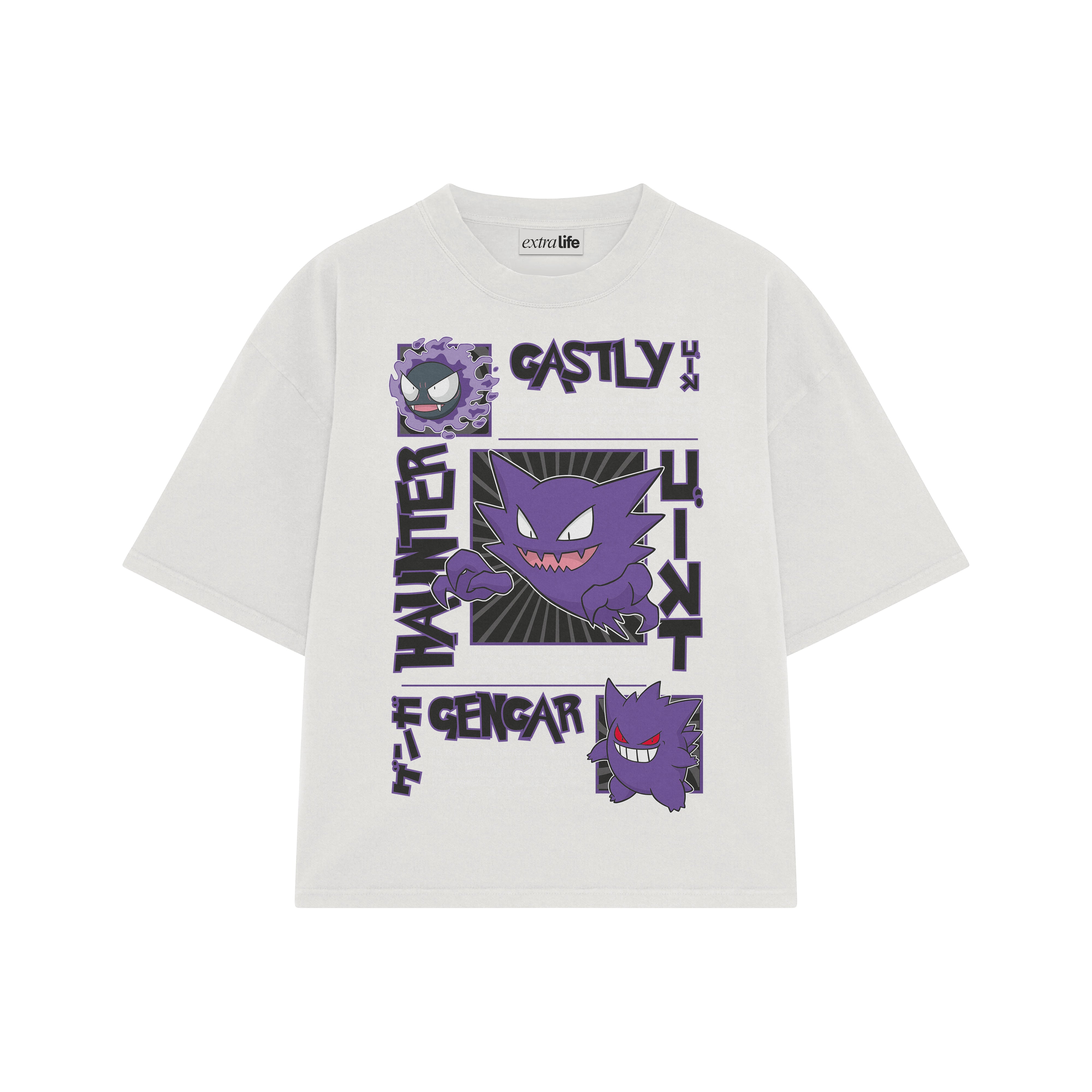 Playera streetwear premium de anime y gaming ExtraLife MX, corte boxy oversized drop shoulder heavyweight en color Deep Black y Off-White, moda urbana mexicana de culto.